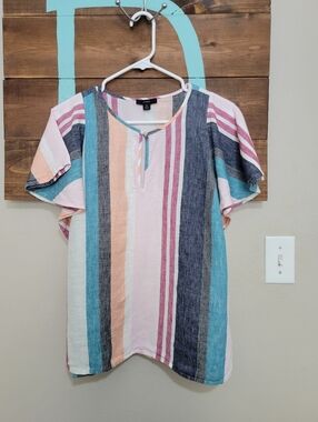 J. Crew Pink and Cream Striped Split-Neck Linen Short Sleeve Tunic Size 8